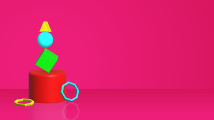 back 13d shapes composition.Abstract background for trendy designs. Spheres, hexagon, octagon, cube, cylinder colorful. pink background