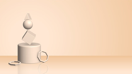 3d shapes composition. Abstract background for trendy designs. Spheres, hexagon, octagon, cube,cylinder colorful. beige background