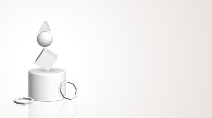 3d shapes composition.Abstract background for trendy designs. Spheres, hexagon, octagon, cube, cylinder colorful. white background