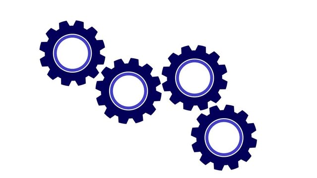 Four Blue Rotating Gears Animation. Spinning Mechanism.