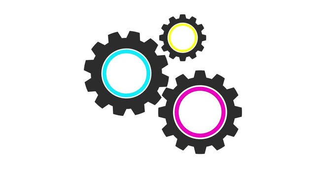 Three Colorful Rotating Gears Animation. Spinning Cogwheels.