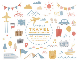 手描き風の旅行・アウトドアのイラストセット　お出かけ　旅　トラベル　シンプル　飾り　装飾　飛行機　車