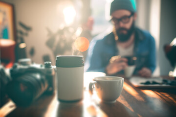 Hipster lifestyle, cozy morning with cup of coffee or tea with retro camera near on the table. Selective focus. Generative AI.