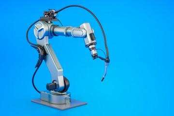 Robot welding on blue background, 3D rendering