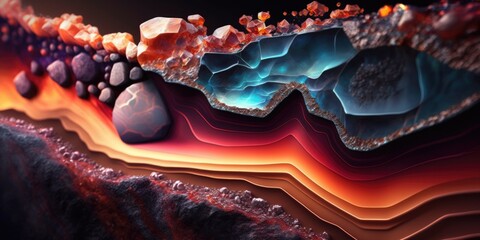 Vibrant fiery ruby red geode agate rock layers, sparkling and lustrous crystals clusters inside with striking textures and natural wavy patterns, macro closeup - generative AI.	
 - obrazy, fototapety, plakaty
