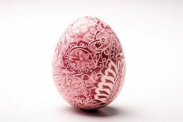 pink Easter egg with decorative patterns on a white table. Generative AI