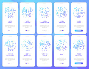 Naklejka premium Water sanitation management blue gradient onboarding mobile app screens set. Walkthrough 5 steps graphic instructions with linear concepts. UI, UX, GUI template. Myriad Pro-Bold, Regular fonts used