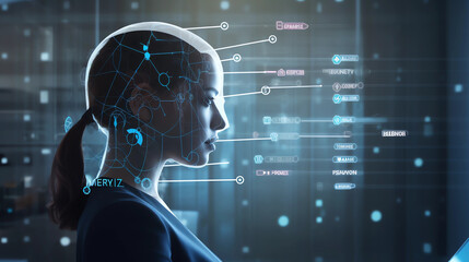 Interacting with ChatGPT - Woman Surrounded by Technology and Data, Digitalized, Side View with Neurons
