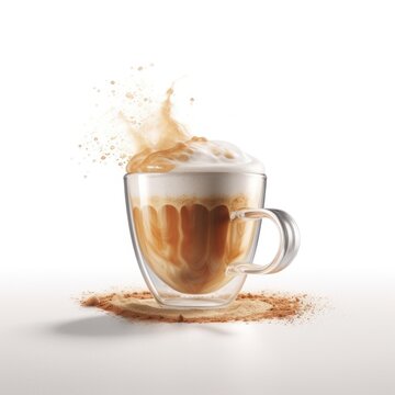 a glass cup of fresh liquid latte coffee and coffee on the ground, white background