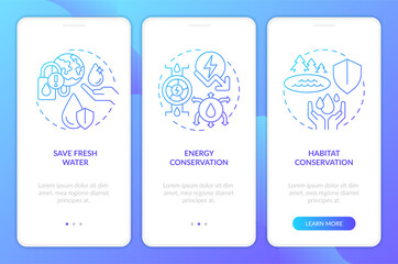 Water conservation aims blue gradient onboarding mobile app screen. Walkthrough 3 steps graphic instructions with linear concepts. UI, UX, GUI template. Myriad Pro-Bold, Regular fonts used