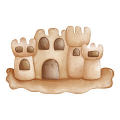 Watercolor sand castle, summer element on beach, Summer illustration