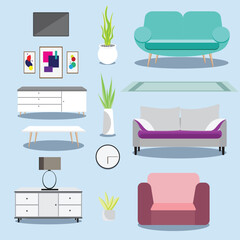 Minimalist Home Furniture and Accessories, including coffee tables, side tables, shelves, tv, sofas, plants, clocks, frames and lamps icons