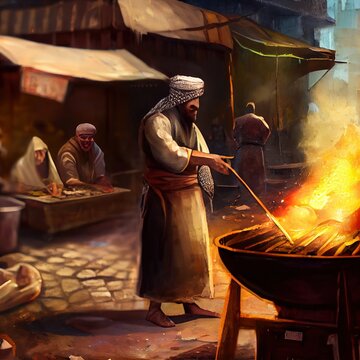 Arab cooks shawarma on coals on the street, high quality image, created with generative ai