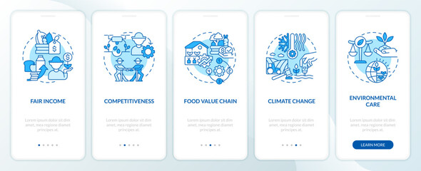 Agriculture policy objectives blue onboarding mobile app screen. Walkthrough 5 steps editable graphic instructions with linear concepts. UI, UX, GUI template. Myriad Pro-Bold, Regular fonts used