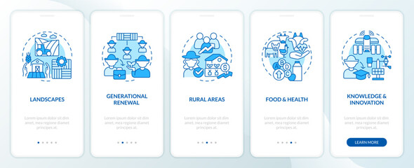Agriculture policy focuses blue onboarding mobile app screen. Walkthrough 5 steps editable graphic instructions with linear concepts. UI, UX, GUI template. Myriad Pro-Bold, Regular fonts used