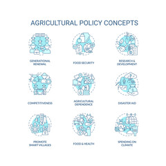 Agricultural policy turquoise concept icons set. Law regulation of farming business idea thin line color illustrations. Isolated symbols. Editable stroke. Roboto-Medium, Myriad Pro-Bold fonts used