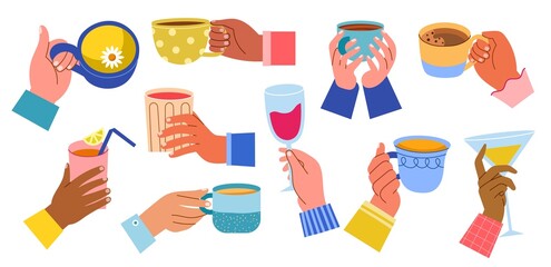 People hands holding cold and hot drinks. Cartoon glasses, goblets and cups with tea, coffee and wine, human arms with margarita, vector set.jpg