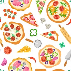 Pizza repeated elements. Hand drawn food ingredients, traditional italian cuisine, yummy tomatoes, meat, cheese, vector seamless pattern.jpg