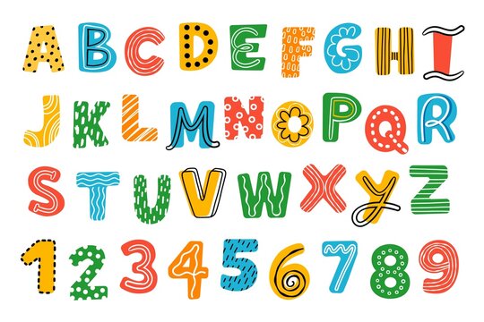 Bright primitive kids font. Colored letters and numbers, cartoon childish elements, funny english alphabet, cute typographics, vector set.jpg