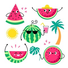 Funny watermelon with faces. Cartoon sweet fruits characters, juicy sliced pieces and slices, red pulp with seeds, cute berries, vector set.jpg