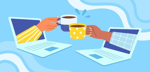 Friendly online communication. Remote tea drinking party, human arms clink coffee cups, hands cheers through screens, vector illustration.jpg - obrazy, fototapety, plakaty