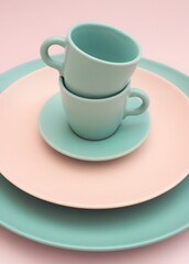 close up de vajilla moderna con platos y tazas de colores rosa y verde