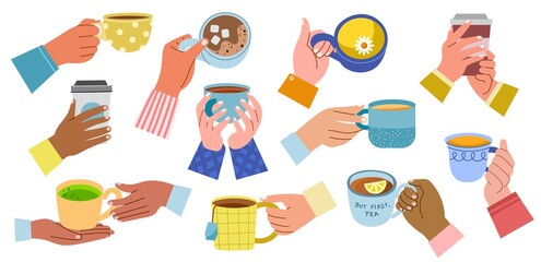 Human arms with drinks. Cartoon people hands hold different tea cups and coffee tumblers, funny drawn design, lemon, chamomile, vector set.jpg