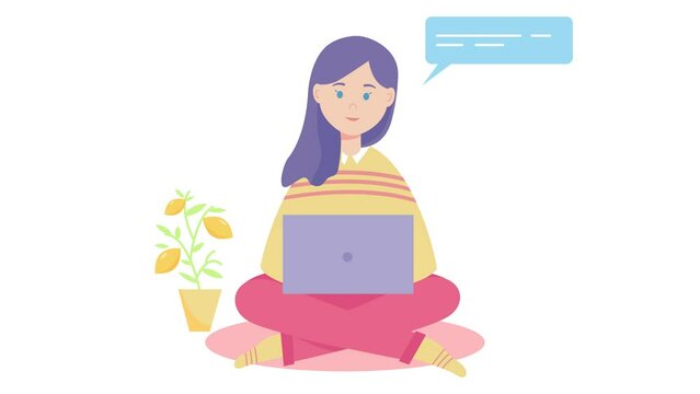 Young Woman Working On Laptop 2D Flat Animation. Remote Work. Freelance Concept.