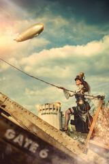 A young girl in the futuristic hat is going to fly on airship.