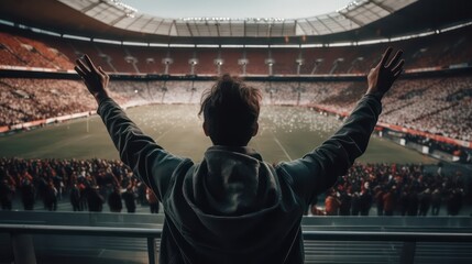 back view of fans celebrating victory in soccer stadium. Generative AI