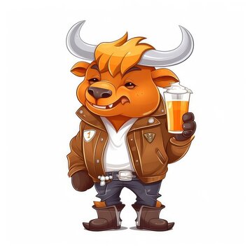 uma ilustra&ccedil;&atilde;o de um touro de jaqueta e botas bebendo cerveja