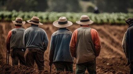 três homens de chapéu em meio a uma plantação