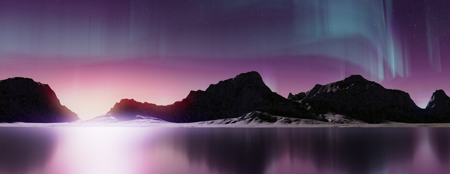 Purple Aurora Borealis over Rocky Landscape. Beautiful Northern Lights Wallpaper with copy-space.
