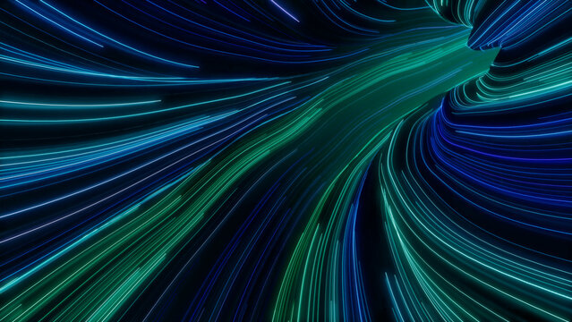 Abstract Neon Lines Tunnel with Blue, Purple and Green Streaks. 3D Render.