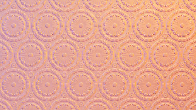 Intricate Bright Decorative Pattern Wallpaper. Pink and Yellow 3D Stucco Background.