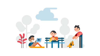 People in a park relax and use laptop illustration