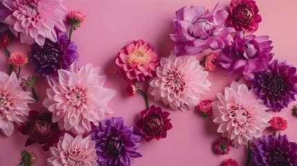 Purple background with top view pink and purple flowers composition. Generative AI.