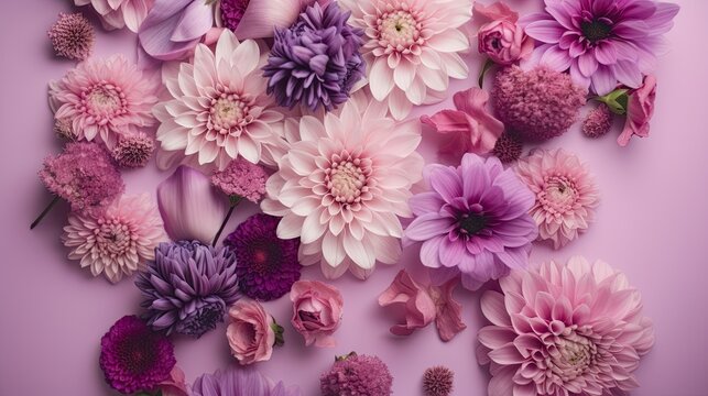 Purple background with top view pink and purple flowers composition. Generative AI. © Gelpi