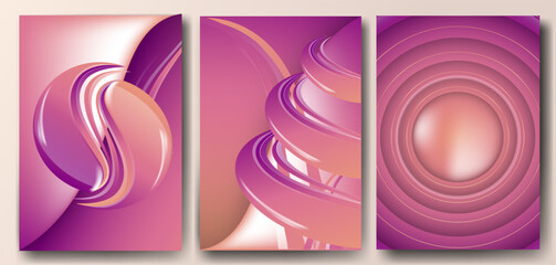 Set of abstract background templates with lilac volumetric shapes