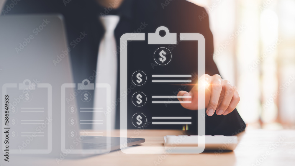Poster Accountant calculating numbers in company financial documents with calculator,Analysis of company financial data,Planning to assess and review the budget,concept of finance and investment