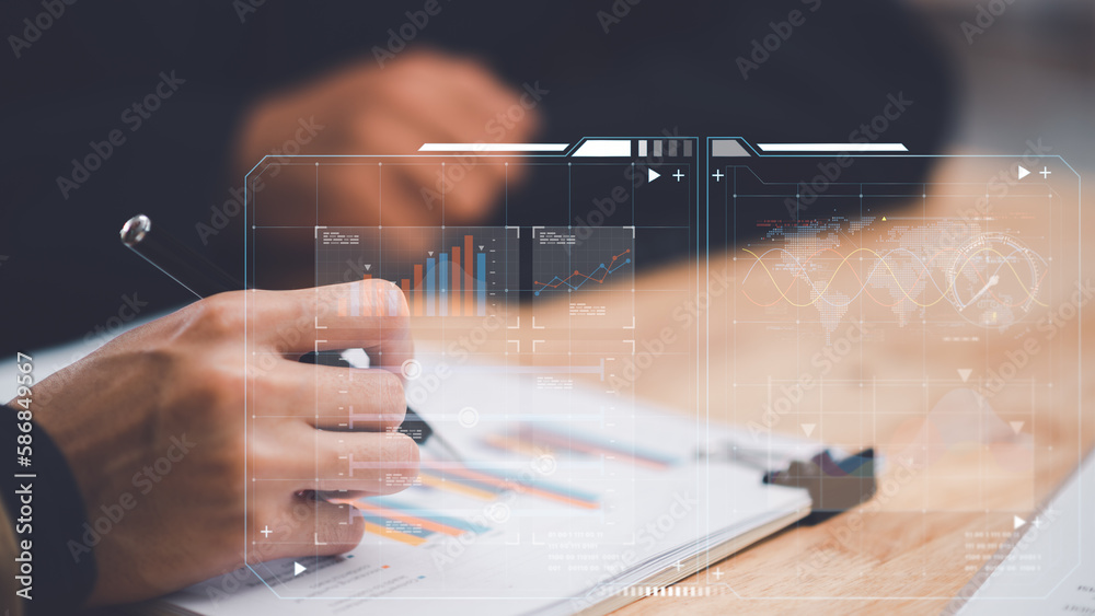 Poster businessman reading graph report and business statistics charts ,analysis and improvement of corpora
