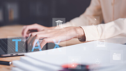 Business people planning annual tax deduction, tax rate calculation, and business financial budget, effective tax deduction planning ideas for individuals and companies,document management system