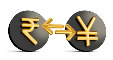 3d Golden Indian Rupee And Yen Symbol On Rounded Black Icon With Money Exchange Arrows 3d illustration