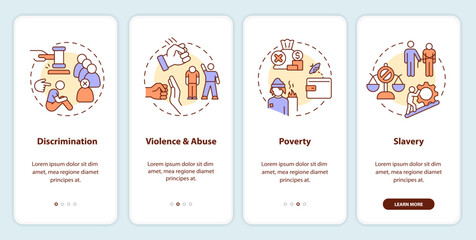 Justice issues onboarding mobile app screen. Society problems walkthrough 4 steps editable graphic instructions with linear concepts. UI, UX, GUI template. Myriad Pro-Bold, Regular fonts used