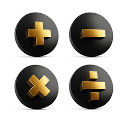 Obraz premium 3d Golden Plus, Minus, Multiply And Divide Symbol On Rounded Black Icons, 3d illustration