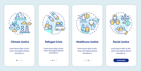 Obraz na płótnie Canvas Social justice examples onboarding mobile app screen. Walkthrough 4 steps editable graphic instructions with linear concepts. UI, UX, GUI template. Myriad Pro-Bold, Regular fonts used