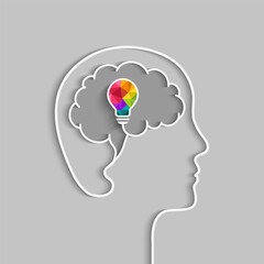 Creative idea and thinking concept with head, brain and colorful light bulb. Abstract lightbulb with beautiful and vibrant colors as creativity sign and symbol.