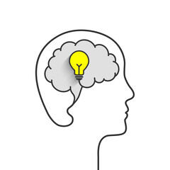 Bright idea concept with head, brain and light bulb. Yellow lightbulb symbol as sign of thinking, innovation, solution. Wire forming profile and face outline, mind silhouette. Vector illustration.
