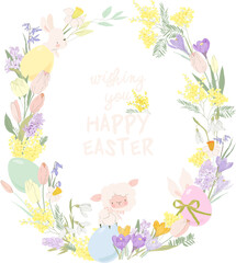 Vector Cartoon Easter Wreath with Eggs, Flowers and Animals