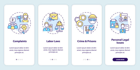 Laws and legal issues onboarding mobile app screen. Walkthrough 4 steps editable graphic instructions with linear concepts. UI, UX, GUI template. Myriad Pro-Bold, Regular fonts used